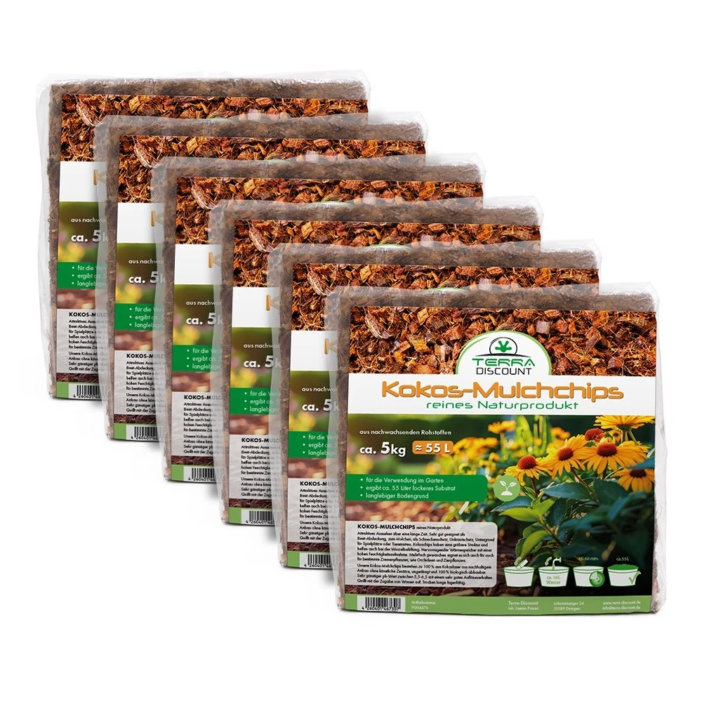 6x 5kg Kokosmulch Kokoschips Ziegel Alternative zu Pinie Kokoserde 330L für Beet & Pflanzen Terra Discount