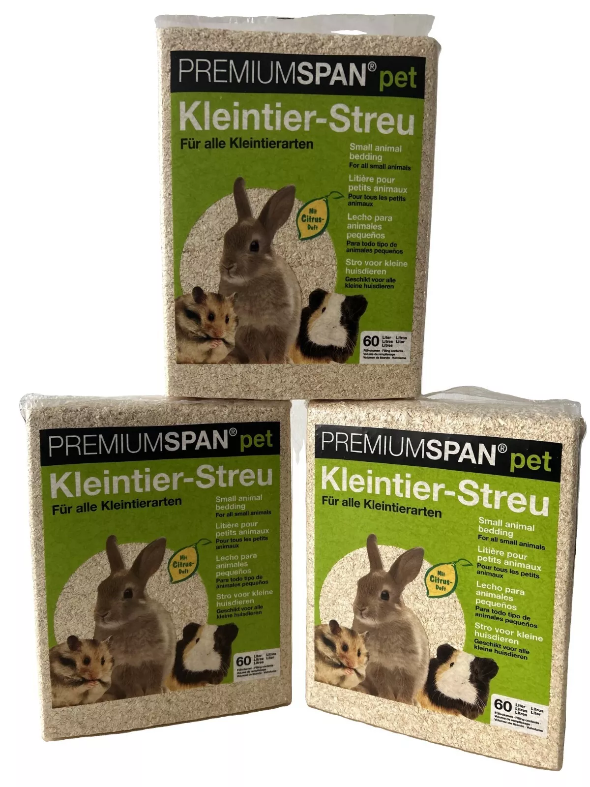 3x 60L PREMIUMSPAN Kleintierstreu Citrus staubarm saugstark geruchsbindend