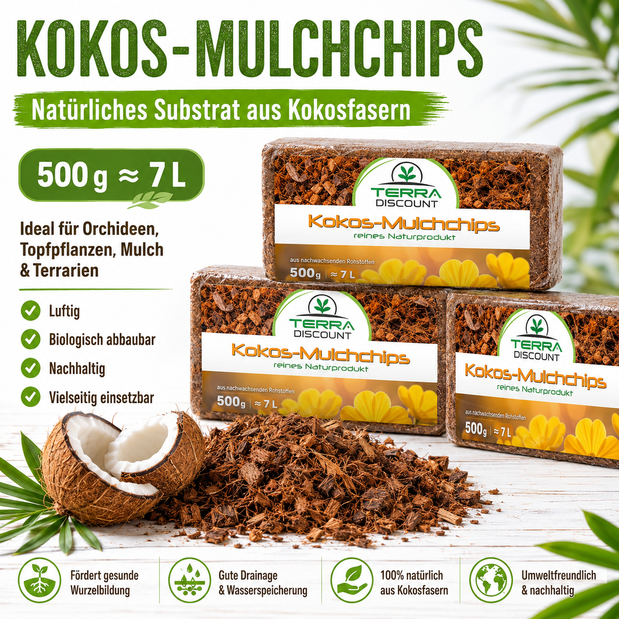Kokos Mulchchips 42L Orchideen Substrat Terrarium Pflanzerde Mulch