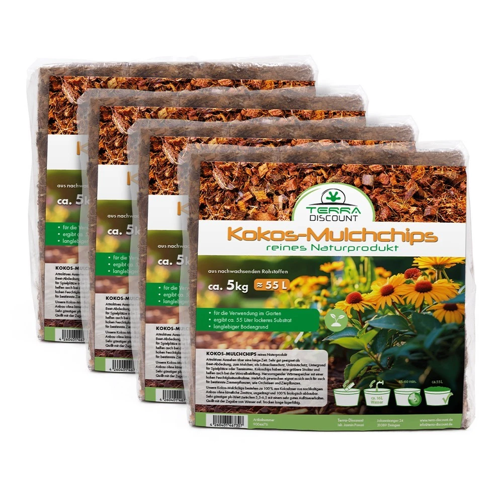 4x 5kg Kokosmulch Kokoschips Ziegel Alternative zu Pinie Kokoserde 220L für Beet & Pflanzen Terra Discount